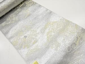 アンティーク　切りばめ風　御所車に花鳥模様織り出し　名古屋帯地反物